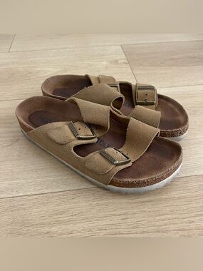 Birkenstock Suede Two-Buckle Slide Sandals in Tan Soft Footbed Size 36